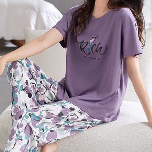 TEMU 2pcs 여성 캐주얼 잠옷 세트, 보라색 튤립 꽃 레터 슬로건 프린트 - 라운드넥 반팔 상의 및 탄성 허리 긴 바지 - 봄 여름 - 홈웨어