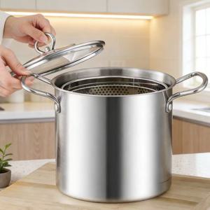 TEMU 튀김용 바구니 포함 파스타냄비 오뎅 냄비, 304 스텐 3.5L 대용량, 생선 튀김 해산물 닭튀김 야채 조리, 인덕션 가스 겸용