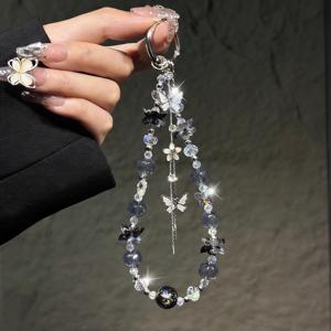 TEMU 여성을 위한 나비 비즈 폰 끈 손목 스트랩, 아이폰 및 모든 휴대폰용 반짝이는 라인스톤 분실 방지 폰 참 키체인