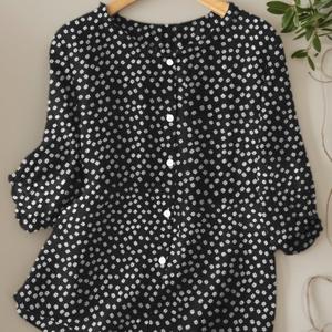 TEMU 여성용 우아한 빈티지 플로럴 셔츠, 7부 소매, 레이스 라운드넥, 싱글 버튼 장식, 젊고 청순한 디자인