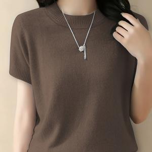 TEMU 스웨터 전문점 여성용 빈티지 홈 패브릭 풀오버, 라운드 넥 반팔 부드럽고 편안한 신축성 있는 파자마 상의, 라운드 넥 반팔 스웨터만 판매