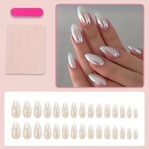 TEMU 30개 세트 화이트 옴브레 미디엄 레인지 프레스온 네일, 레버 스타일 팁, 크롬 디자인 네일 아트 스티커, 고광택 아크릴 네일, 풀 커버리지, 재사용 가능한 여성 네일 아트용 인조 네일