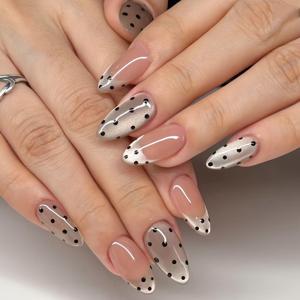 TEMU 수제 아몬드 모양 프레온 네일 10개입 세트, 누드 베이스, 실버 글리터 캣아이 프렌치, 블랙 폴카 도트, 우아하고 미니멀한 스타일, 일상 및 파티 착용에 적합, 재사용 가능한 네일 패치