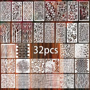 TEMU 32개 스텐실, 재사용 가능, 플로럴, 나무, 벽돌, 나무결, 기하학적 디자인, 목재, 캔버스, 벽, 가구 장식 프로젝트에 적합