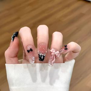 TEMU 핸드메이드 블랙 나비 리본 & 고양이 눈 네일 | 핑크 글리터 & 진주 디테일, 봄/여름용 롱 스퀘어 네일, 발렌타인데이 특별판