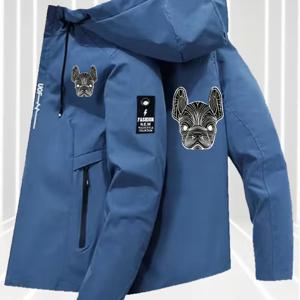 TEMU 남성용 봄/가을 아웃도어 스포츠 자켓, 방풍 후드 집업 가디건 코트, 멀티 포켓 레터링 프렌치 불독 프린트 캐주얼 상의, 트렌디하고 활용도 높은