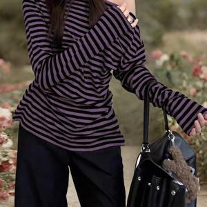 TEMU 새로운 레트로 퍼플 & 블랙 Y2K 섹시 오프숄더 긴팔 여성 티셔츠