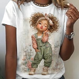 TEMU 귀여운 빈티지 스타일의 반팔 티셔츠. 곱슬머리 아기에게 어울리는 플로럴 프린트와 흰색 라운드넥 디자인. 캐주얼 외출, 통근, 데이트에 완벽합니다. 부드럽고 사랑스러운 이 상의는 100% 소재로 제작되어 다용도로 활용 가능하며 세탁기 사용 가능합니다.