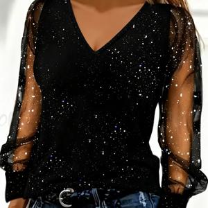 TEMU 2026년 신상 스프링/여름 여성 패션 엘레강스 캐주얼 트렌디 티셔츠 - 다크 나이트 별빛 블랙 V넥 스팽글 탑, 메쉬 쉬어 롱 슬리브, 섬세한 실버-화이트 별 패턴으로 빛나는 스타일로 피부를 드러냅니다.