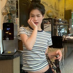 TEMU 여름 여성용 유럽 및 미국 스타일 빈티지 반팔 티셔츠, 핏과 슬림핏, 허리라인 노출 크롭 탑