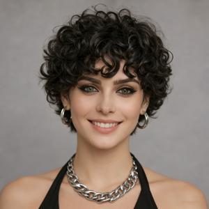 TEMU 실인모 가발, 앞머리 있는 픽시컷, 180% 밀도 곱슬 헤어피스, 볼륨감 있는 신축성 있는 메쉬캡, 머신메이드 데일리웨어 및 특별한 날용, 탈모 또는 대머리용 가발