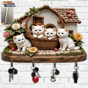 TEMU 2D 평면. 1개. 흰색 고양이 직조 바구니 하우스 열쇠 걸이 - 나무 다기능 장식 열쇠 홀더 (금속 후크 4개 포함), 벽 장식, 방 장식, 모든 계절의 홈 데코레이션에 적합, 열쇠 보관 장식품