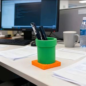 TEMU 창의적인 펜꽂기/수납함 1개, 초록색 튜브와 빨간색 벽돌 조합, 게이밍 스타일, 데스크탑 정리함, 장식용 문구류, 게임 애호가를 위한 완벽한 선택, 기쁨을 주는 깜짝 선물로도 좋음