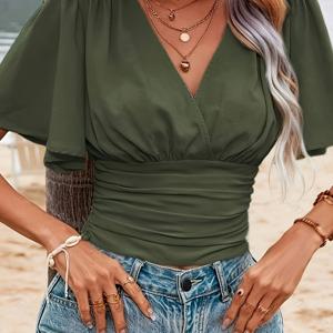 TEMU 여성용 프렌치 스타일 V넥 크로스 프론트 웨이스트 디자인 플러터 소매 숏 블라우스