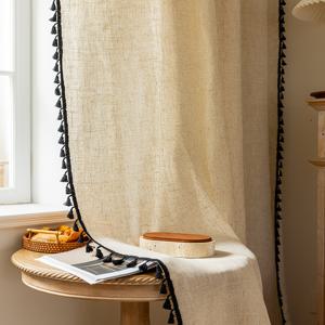 TEMU 미국 스타일의 단색 대나무 텍스처 반투명 주방 커튼 1개, 검은색 태슬이 특징이며 방 분리 및 사생활 보호에 적합하며 침실, 거실, 서재, 발코니, 테라스, 결혼식, 호텔 장식에 적합합니다.