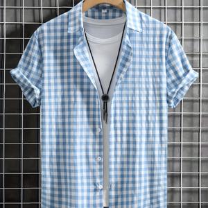 TEMU 스프링/가을 스타일 남성 패션 캐주얼 체크 무늬 반팔 버튼업 셔츠