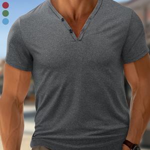 TEMU 남성용 패션 캐주얼 다용도 가벼운 통기성 헨리 셔츠 - 브러시드 디자인, 캐주얼 V넥 반팔 티셔츠, 스트레치 폴리에스터 혼방, 가벼운 스포티 헨리 반팔 빠른 건조 피트니스 셔츠, 솔리드 컬러 가벼운 캐주얼 약간 스트레치 수분 흡수 헨리 셔츠, 야외, 골프, 볼 스포츠, 트레이닝, 일상 활동에 적합