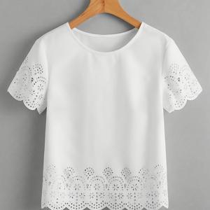 TEMU 여성용 레이저 컷 비대칭 밑단 블라우스 - 우아한 라운드넥 반팔 솔리드 컬러 셔츠, 세탁기 사용 가능 가벼운 상의, 해변 휴가 및 캐주얼 외출/봄·여름 착용, 여성 비치웨어