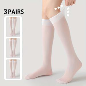 TEMU 여성용 화이트 시스루 허벅지 하이 양말 3팩, 초슬림 JK 스타일 무릎 하이 양말, 봄/여름용, 선원 유니폼과 스커트와 완벽한 매치