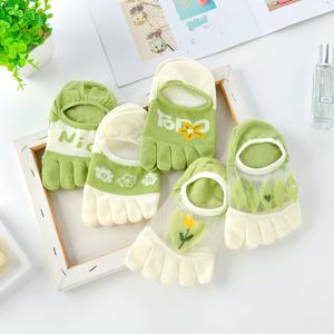 TEMU 여성용 투명 양말 5켤레, 봄과 가을용 다섯 발가락 메쉬 통기성 오픈워크 그린 스플릿 토 보트 슈즈, 귀여운 새 여름 짧은 튜브 땀 흡수 컬러풀 양말