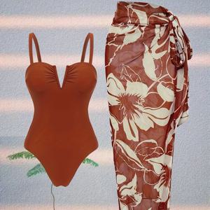 TEMU 여름용 여성 캐주얼 프린트 허리 조임 원피스 스커트 수영복 세트