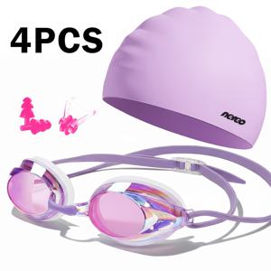 TEMU 4개입 전문 수영 장비 세트, 김서림 방지 방수 HD 고글, 실리콘 수영 모자, 코 클립 및 귀마개, 넓은 시야 렌즈 조절 가능 스트랩, 편안한 실리콘 프레임, 남녀공용 성인 수영 고글, 수영장, 해변, 훈련에 적합