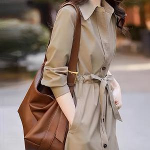 TEMU 새로운 여성용 트렌치 코트, 슬림핏, 긴팔, 싱글 브레스트 라佩ル, 미디엄 기장 셔츠 가디건, 한국 스타일 인기 숏 자켓, 여성용 미디엄 기장 벨티드 셔츠 아우터웨어