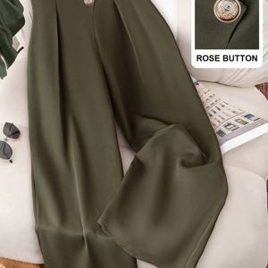 TEMU 가을 솔리드 컬러 버튼 패브릭 플리츠 장식 지퍼 오피스 빈티지 밀리터리 그린 팬츠 - 메탈 카멜리아 버클 & 크로스 웨이스트밴드 디자인