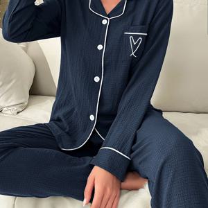 TEMU 여성용 파자마 세트 (긴소매 & 바지), 자수 포켓 & 트림, 편안함과 편리함을 위해 디자인, 간편하면서도 우아한 버튼 칼라 가디건 포함