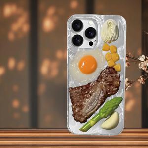 TEMU 휴대폰 케이스 - 트렌디한 음식 테마 소고기, 계란, 옥수수 토르티야 휴대폰 케이스, 큰 구멍 IMD 디자인, 아이폰 17, 16, 15, 14, 13, 12, 11 시리즈와 호환. 은색 포일 엔드가 있는 고급 보호 케이스는 스타일리시한 새해 선물로 좋습니다.