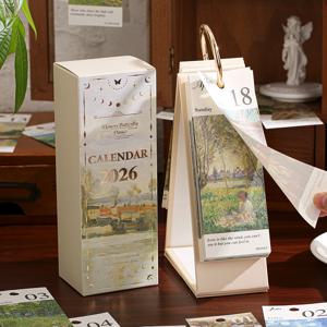 TEMU 2026 빈티지 데스크 플래너 - 365일 달력, 골드 링 바인딩 & 동기부여 문구 - 하루 한 페이지 오일 페인팅 디자인 - 홈, 오피스, 스터디 정리에 완벽한 크리스마스, 생일 선물