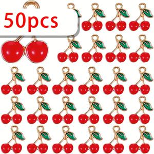 TEMU 50개 빨간 체리 참, 아연 합금 과일 펜던트, 대량 미니 귀여운 장신구, 작은 체리 비즈 키체인, 목걸이, 팔찌 및 귀걸이를 위한 주얼리 제작 보충품