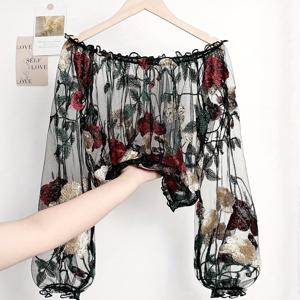 TEMU 가을/겨울 여성 패션 투명 메쉬 크로셰 자수 플로럴 오프숄더 랜턴 슬리브 크롭탑