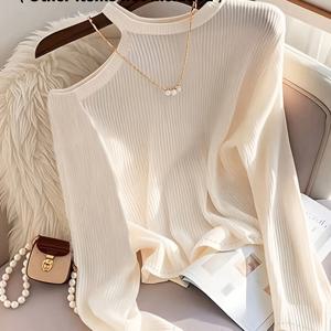 TEMU 여성용 오프숄더 우아하고 심플하며 패셔너블하고 활용도 높은 긴소매 베이스 티셔츠, 여성용 우아한 상의, 봄/여름 스타일, 외출용으로 적합, 여성용 골지 긴소매 상의