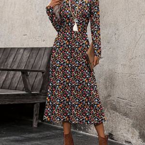 TEMU 여성 플로럴 프린트 긴팔 미디 드레스, 우아한 프렌치 스타일, 오후 티에 완벽, 여행에 이상적
