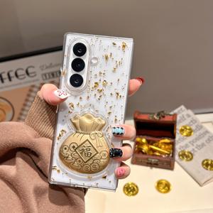 TEMU 럭키백 글리터 에폭시 상하단 접이식 폰케이스, 삼성 Z 플립 3/4/5/6/7 호환 스테레오 엠보싱 잉곳 플립 커버 전체 감싸기 좌우 접이식 Z 폴드 3/4/5/6/7, 축제 부자 휴일 보호 케이스