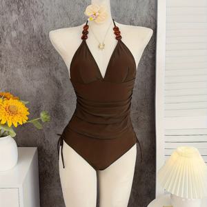 TEMU 여성용 솔리드 컬러 탱키니 세트, 대조 비즈 트림, 홀터넥 섹시 탱키니 수영복 - 수영 파티 및 해변 휴가용