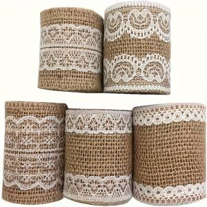 TEMU 거친 리넨 리본 레이스 노란색 황마 직물 우븐 스트립 5롤, 결혼식 장식 DIY 수공예품 꽃꽂이 홈데코용 거친 리넨 - 컨트리 황마 직물. 파티 용품 리본 롤용 고품질 소재, 선물 포장, 결혼식, 파티 장식에 적합 (롤당 1미터)
