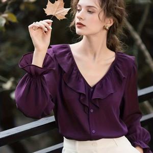 TEMU 향기나는 우아함, 보라색 벨크니 새틴 셔츠, 스타일리시하고 독특한 긴팔 상의