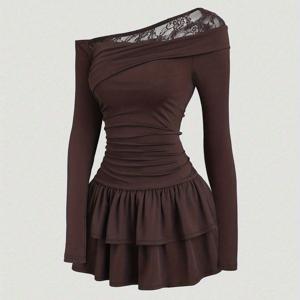 TEMU 우아한 비대칭 원숄더 미니 드레스 - 레이스 트림 허리 & 플레어 스커트, 짧은 파티 웨딩 게스트 드레스, 세탁기 사용 가능 봄/가을 의상 (스페셜 컬렉션) - ZLLZ 브랜드