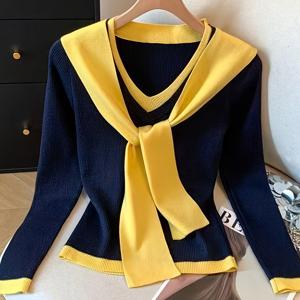TEMU Elegant 캐주얼 스웨터 | V넥, 대비 컬러 칼라, 컬러 블록 디자인, 높은 탄성 원단, 슬림핏, 봄/가을/겨울 - NianNian