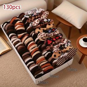 TEMU 130개 스타일 여성 헤어 액세서리 곱창 세트 (토끼 귀, 하트, 꽃, 물방울 무늬, , 체크, 하운드투스, 단색 포함), 멀티 컬러 혼합 세트, 사진 트레이 미포함, 여성 친구 및 가족을 위한 최고의 선물