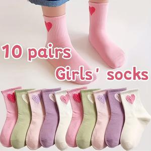 TEMU 여아용 만화 하트 패턴 양말 10켤레 - 부드럽고 통기성 좋은 편안한 폴리에스터 혼방 - 마카롱 색상의 귀엽고 스타일리시한 하트 디자인 - 12세 미만 어린이용, 학교, 가정 및 다용도 착용에 적합 - 아이들이 좋아하는 선물