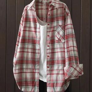 TEMU 빈티지 게으른 스타일 캐주얼 레드 체크 셔츠 재킷 여성 봄/가을 신상 프렌치 스타일 긴팔 루즈핏 셔츠 트렌디