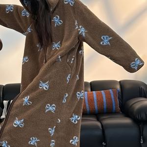 TEMU 스위트 윈드 보우 패턴 롱 지퍼 캐주얼 여성용 목욕 가운, 멜라드 빈티지 코랄 플리스 후드 파자마 여성용, 가을 및 겨울용 두꺼운 따뜻한 홈웨어, 롱 로브