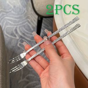 TEMU 2개 럭셔리 스테인리스 스틸 망치질 무늬 과일 포크, 세 갈래 한국식 디저트 포크, 케이크 포크, 과일 꼬치, 크리스마스 선물, 크리스마스 스타킹 선물, 정교한 애프터눈 티 식기, 6.7인치