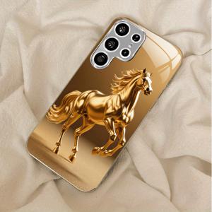 TEMU 휴대폰 케이스 - 금색 달리는 말 디자인의 고급스러운 휴대폰 케이스. 삼성 갤럭시 A 시리즈/S 시리즈/노트 시리즈에 적합합니다. UV 프린팅이 적용된 도금 유리 후면이 있습니다.