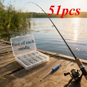 TEMU 51개 혼합 사이즈 은색 긴 생크 고탄소강 낚시 바늘 & 낚시 바늘 제거 도구 세트, 해수 담수용 부식 방지 낚시 바늘, 잉어 배스 송어 낚시 추가 장비