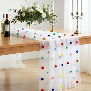 TEMU 귀여운 스타일 생일 파티 테이블보 | 2cm 벨벳 폼폼이 있는 폴리에스터 메시 원단, 방 장식 및 커튼 장식에 적합, 단색