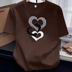 TEMU 여성용 브라운 프린팅 캐주얼 티셔츠 - 신축성 있는 크루넥 반팔 상의, 여름용, 기계 세탁 가능, 데일리 컴포트 스타일, 비침 없는 소재, 패셔너블하고 시원한 여름 반팔, 여름 캐주얼 티셔츠